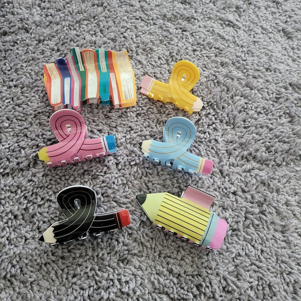 Stacked books & Pencil themed Hairclaw Clips - Set of 6